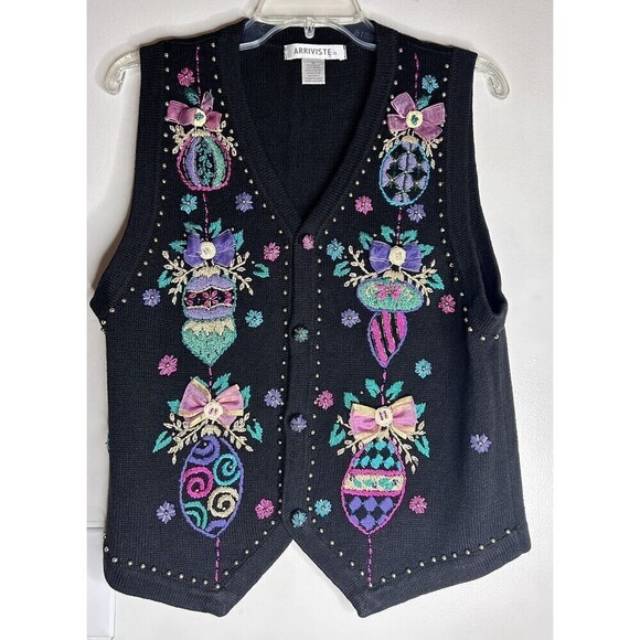 Christmas Vest Beaded Embroidered Ornaments By Arriviste Black Multi Size Medium - Picture 12 of 12